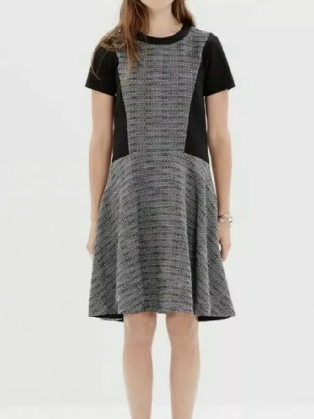 Madewell Black Gray Tweed Fit & Flare A-Line Mini Dress Short Sleeve Casual sz 0